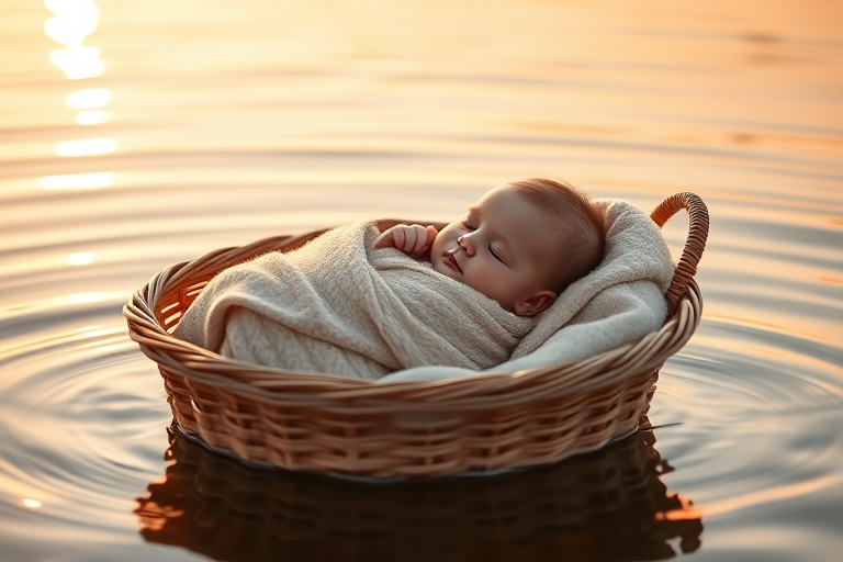 Create an ethereal scene of a peaceful baby swaddled in a soft blanket, relaxed in a woven basket floating gently on serene water during golden hour, captured with a shallow depth of field at f/2.8, ISO 100, 1/200 sec, using a DSLR camera with a 50mm lens for rich detail and warm tones.