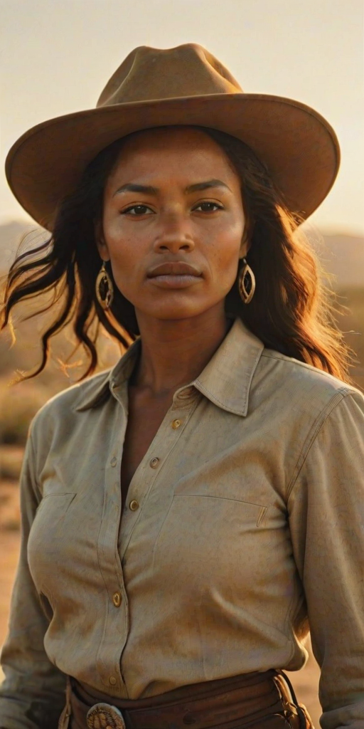 Dramatic photo of a beautiful Kikuyu woman, classic cowboy attire, confident and free spirit expression, half-length portrait, centered, golden hour desert landscape, warm, diffused light, low angle, medium format film camera, in style of Annie Leibovitz.