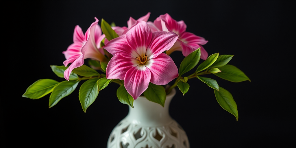 Regenerate the image of a decorative vase with pink flowers and green leaves against a dark background using a DSLR camera in macro mode, aperture f/2.8, ISO 100, 50mm lens, soft natural lighting.