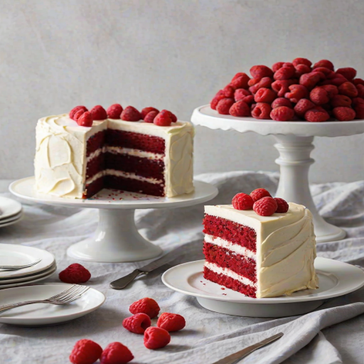 Create an image of a beautifully layered red velvet cake with cream cheese frosting. The cake should be displayed on a white cake stand, with a slice cut out to showcase the rich red interior. Add fresh raspberries on top and around the plate for decoration, and include a soft gray linen underneath for a cozy presentation.