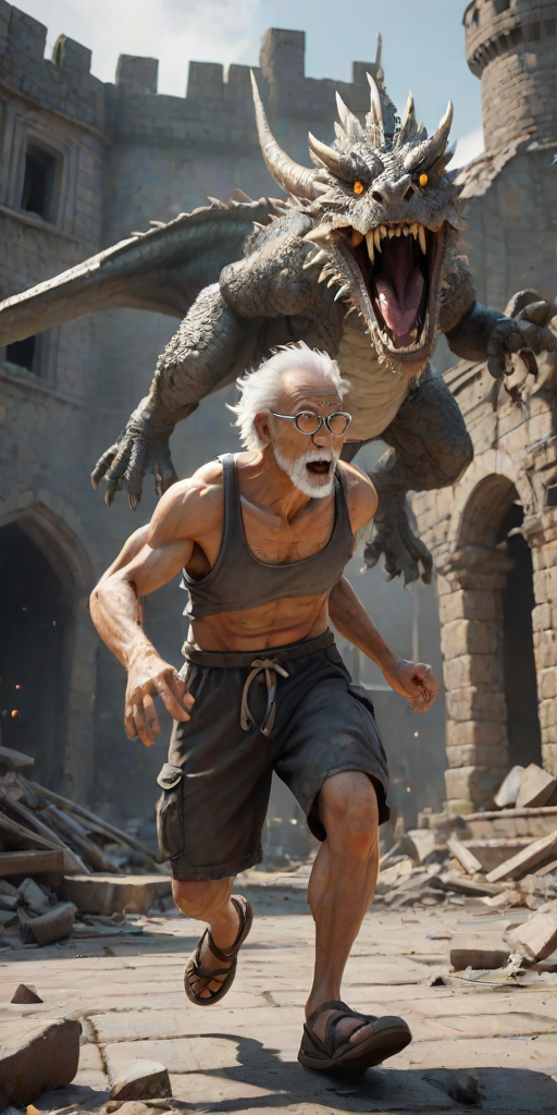 Cartoon 3D High-Resolution,dynamic battle scene using Unreal Engine 5 and Octane Render. The scene features back of an elderly, thai man with a beard,messy hair and round golden-rimmed glasses. He is wearing a tattered tank top with soot marks, shorts, and sandals. sweating. he wields a baseball bat. He jump to fight with a white fire-breathing Europe dragon amidst a partially destroyed stone castle. Include intense flames, smoke, and debris to enhance the dramatic effect.