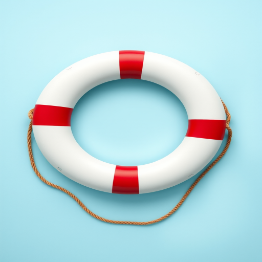 Create a high-resolution image of a life preserver with red and white sections, using a DSLR camera set to f/8 aperture, 50mm lens, ISO 100, with a shallow depth of field and a flat lay view for a clean and detailed presentation.