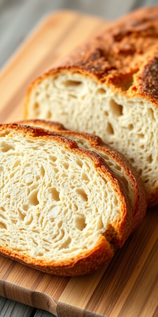 A close-up shot of freshly baked sourdough bread slices on a wooden cutting board, aperture f/2.8, shutter speed 1/125s, ISO 200, DSLR camera with a 50mm lens, natural light to enhance texture and detail.