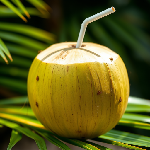 Create a high-resolution image of a fresh green coconut with a straw, using a DSLR camera at f/2.8 aperture, 50mm lens, in natural lighting, and a close-up view to enhance detail and color vibrancy.