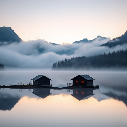 capture a serene landscape of a misty lake surrounded by mountains and forests at dawn, with two silhouetted cabins reflected on the water, using a Nikon D850 with a 35mm f/1.8 lens, aperture f/11, ISO 100, shutter speed 1/200s, in landscape orientation for enhanced clarity and depth