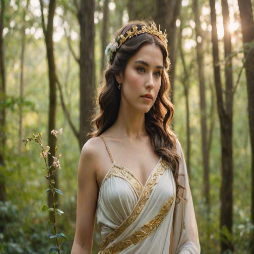 Create a portrait of a goddess-like female figure in a tranquil, forested environment. She has an elegant appearance with long, wavy hair styled in an updo and adorned with a delicate, floral headband. She wears a flowing, ancient Greek-inspired gown in a soft, pale color, featuring a one-shoulder design and draped fabric that accentuates her graceful form. The outfit includes a decorative belt with ornate gold detailing, and she holds a bow in her hand, with a quiver of arrows slung over her shoulder. The background depicts lush greenery, with sunlight filtering through the trees, casting a gentle, ethereal light on the scene. Her expression is calm and contemplative, embodying a sense of wisdom and serenity.