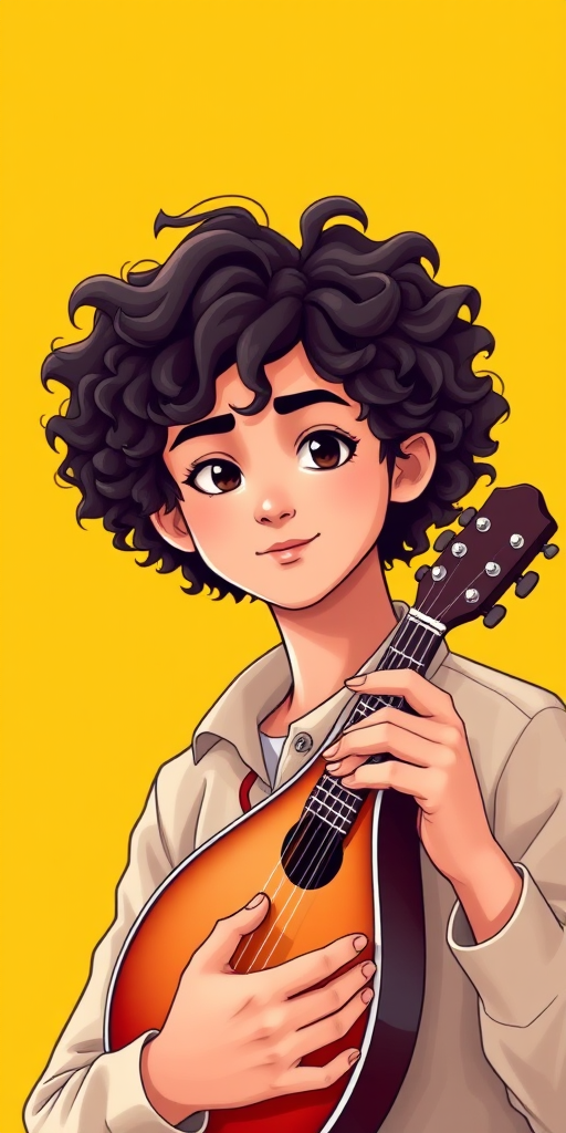 Create a vector illustration of a young man with curly hair holding a mandolin, set against a solid bright yellow background, captured with a 50mm lens, f/2.8 aperture, ISO 100, portrait view, in a digital art style that emphasizes smooth lines and vibrant colors.
