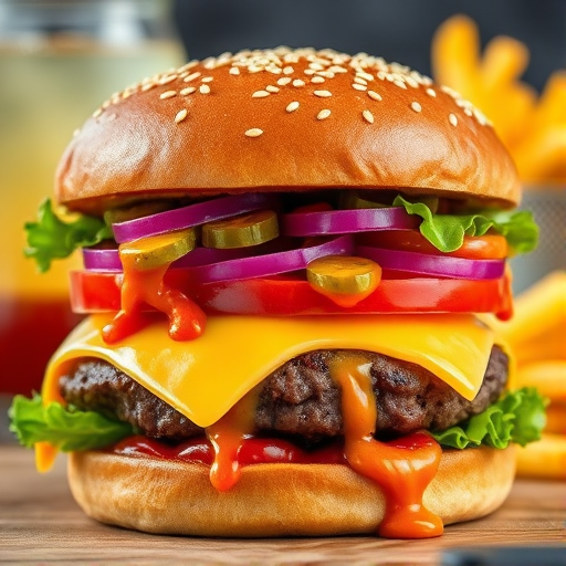 High-resolution, close-up image of a gourmet double cheeseburger. The burger features a glossy, sesame-seed-topped brioche bun. Inside, there are two thick, juicy beef patties, each topped with melted cheddar cheese. The burger is garnished with fresh lettuce, tomato slices, diced onions, and pickles. A generous amount of ketchup and a creamy, orange-colored sauce is dripping down the sides, adding to the mouth-watering appeal. In the background, there are blurred elements including a side of golden French fries and a hint of a beverage, enhancing the overall presentation of a delicious meal.