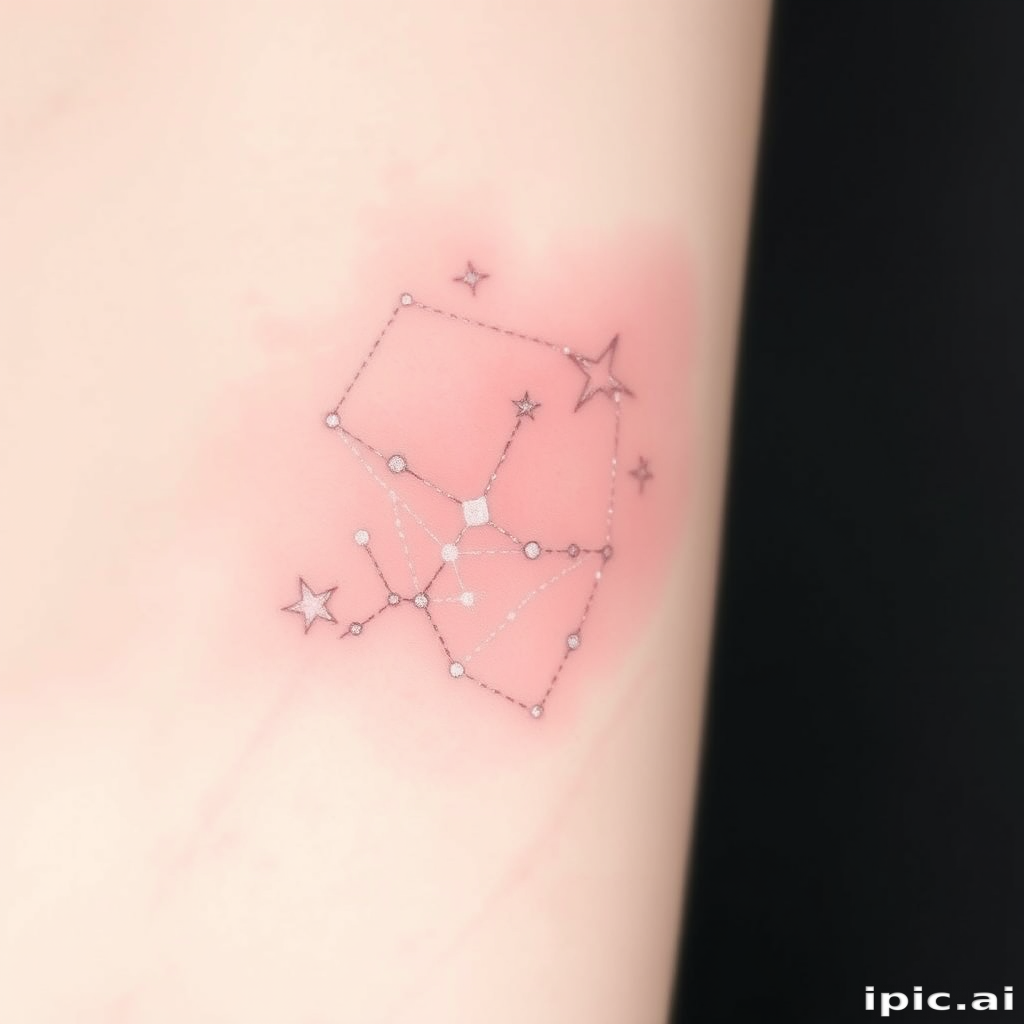 Ethereal white ink constellation tattoo titled "Celestial Whisper" depicting a delicate arrangement of stars and celestial bodies connected by fine, barely visible lines that seem to float just beneath the surface of the skin, creating a subtle and dreamlike effect that appears to glow softly in certain lights, perfect for those seeking a discreet yet enchanting tattoo design