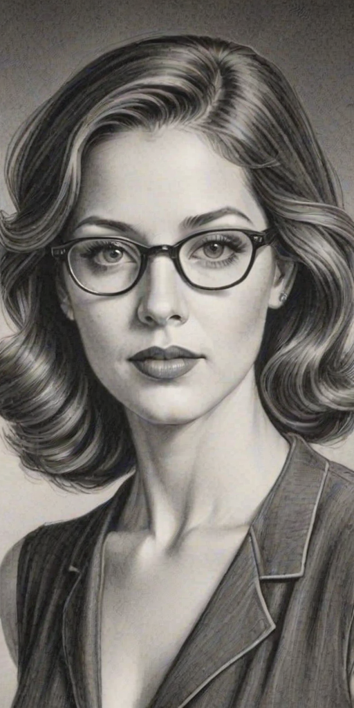 Bewitching Julie Gonzalo, pencil sketch, portrait of Alluring woman 1930s in glasses, hair style beatnik, outline, clear lines, fine lines, 8k