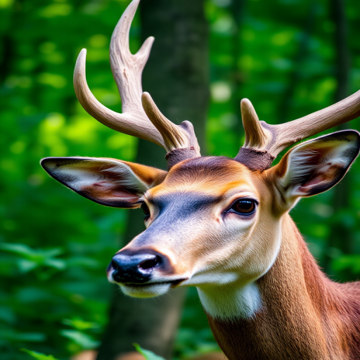 Capture a close-up of a male deer with antlers in a lush green forest, using a DSLR camera set to aperture f/2.8, ISO 100, shutter speed 1/200s, with a shallow depth of field and natural lighting for enhanced detail and focus on the deer.