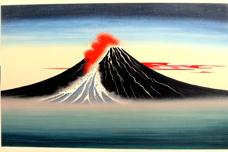 VOLCANO IN STYLE OF  Katsushika Hokusai: