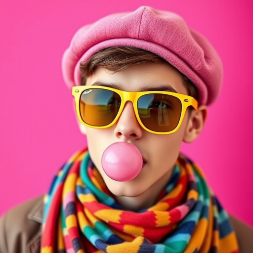 young man blowing bubble gum wearing pink beret and yellow sunglasses, colorful scarf, vibrant pink background, portrait, 50mm lens, aperture f/1.8, ISO 100, natural light, shallow depth of field, high saturation