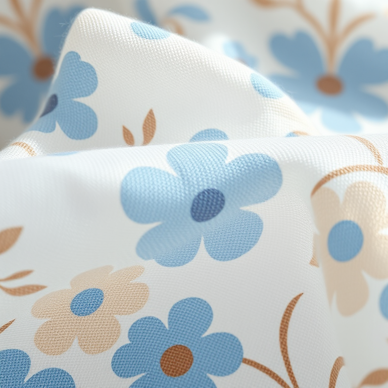 Capture a close-up of delicate floral fabric texture with soft blue and beige hues under natural light, using a Canon EOS R5, 50mm lens, f/2.8 aperture, ISO 100, and 1/200 shutter speed for enhanced detail and clarity.