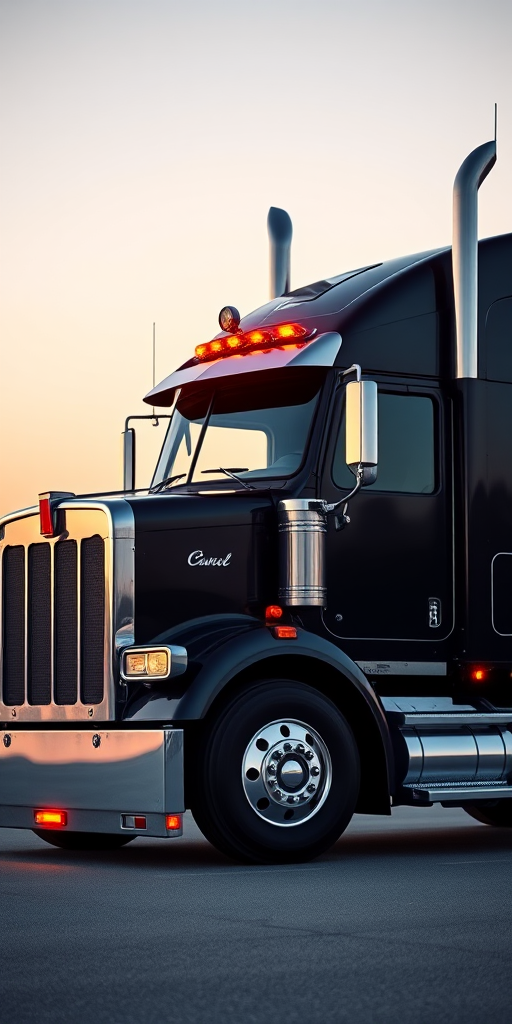 A shiny black semi-truck with chrome detailing and bright lights, parked against a soft gradient background, photographed with a Canon EOS R5 at f/2.8, ISO 100, 1/200s, using a wide-angle lens and a shallow depth of field for enhanced focus on the truck.