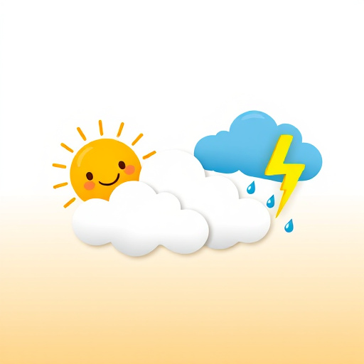create a vector-style illustration depicting three weather icons: a smiling sun peeking from behind clouds, clouds with raindrops, and storm clouds with lightning bolts; use a vibrant color palette, soft gradient backgrounds, and a clean, whimsical design; settings: ISO 100, f/8, 1/250s; camera view: flat lay; camera style: digital illustration; camera type: graphic design software.