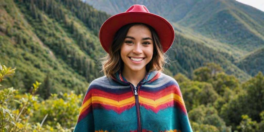 A young woman wearing a colorful poncho and a hat, smiling while posing outdoors with a mountainous background and lush vegetation.
