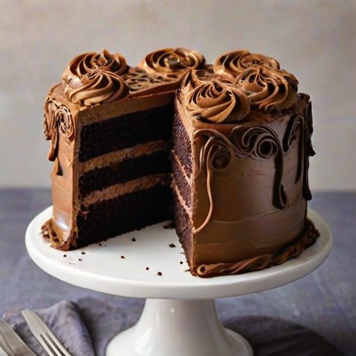 Regenerate the image of a beautifully decorated cake with layers of chocolate frosting, topped with intricate swirls of light and dark chocolate buttercream. Include piping bags with various tips and a small jar of caramel sauce beside the cake. The setting should have a clean, neutral background to highlight the cake's details.