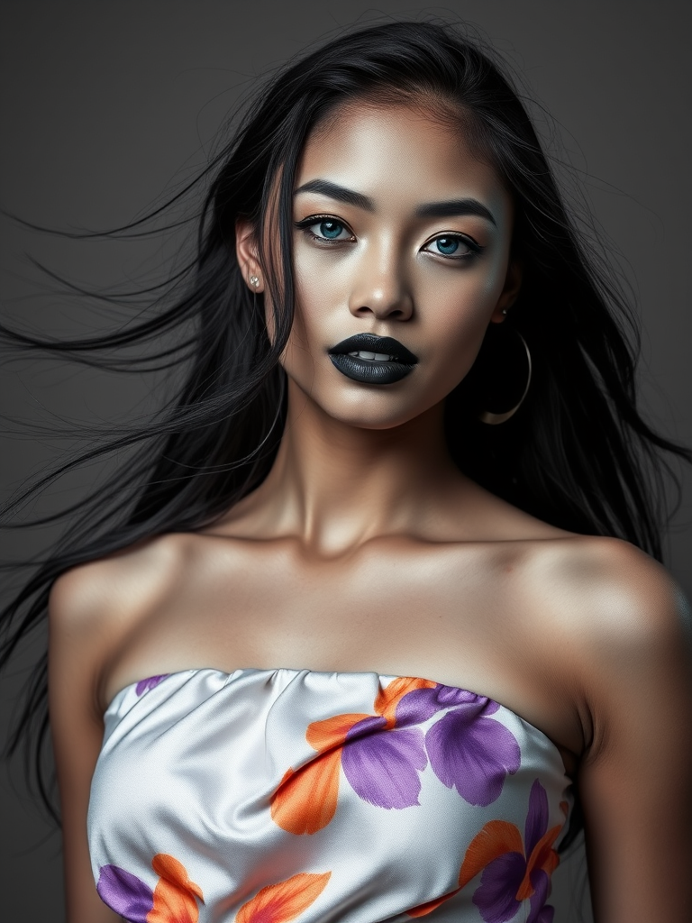 Photographic image of a beautiful young Samoan woman, cyan eyes, lips with black lipstick, long hair fluttering in the wind and wearing a silk strapless dress with a soft purple and orange print. monochrome image with only color highlights in the iris of the eyes, lipstick and dress. Gray background.