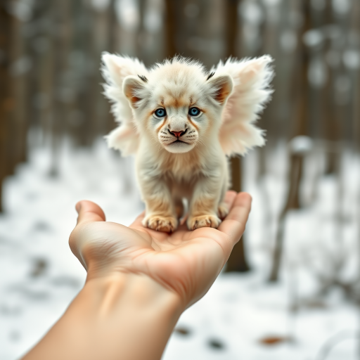 A small, white lion cub with angelic wings standing on a human hand. The cub has a soft, fluffy texture with detailed fur, expressive blue eyes, and a curious expression. The wings are large and feathery, blending seamlessly with its fur, giving an ethereal appearance. The background is a winter forest, with the ground covered in snow and blurred brown trees, creating a serene atmosphere. The human hand in the foreground is positioned palm-up, supporting the lion cub gently, fingers slightly curled. The lighting is soft and diffused, enhancing the tender and magical feel of the scene. Colors are predominantly neutral with white, cream, and soft browns, contrasting with the subtle blue of the lion cub's eyes. The overall composition is balanced, with the cub at the center, creating a focal point that draws the viewer's attention immediately.