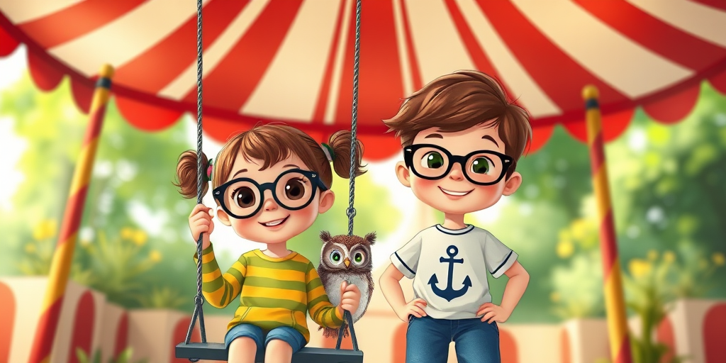 Create a bright and colorful illustration of two cartoon kids, one girl with glasses and pigtails in a striped green and yellow shirt sitting on a swing next to an owl, and a boy with glasses wearing an anchor shirt and blue jeans, both smiling under a striped red and white circus tent with vibrant greenery around them, with a soft focus effect, using a digital art style reminiscent of children's book illustrations.