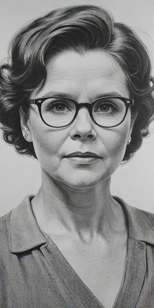 Superb Imelda Staunton, pencil sketch, portrait of Sublime woman 1951s in glasses, hair style beatnik, outline, clear lines, fine lines, 8k