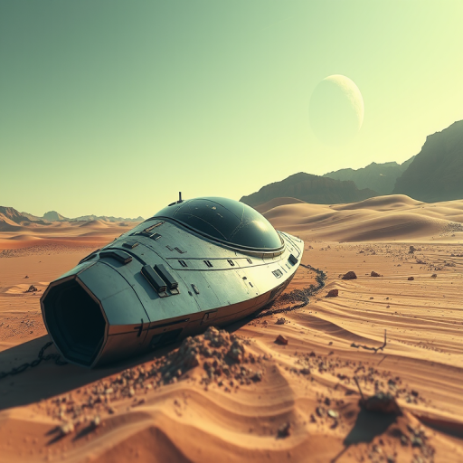 Generate a high-resolution sci-fi landscape featuring a futuristic spaceship crash-landed in a desert, with a distant planet visible in the sky, captured using a DSLR camera, 35mm lens, f/8 aperture, 1/250 sec shutter speed, and a low-angle view for dramatic effect.