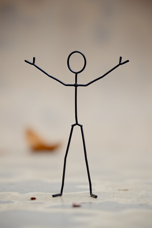 Generate an image of a simple stick figure standing upright with arms extended, using a DSLR camera with a 50mm lens, aperture set to f/2.8, ISO 100, natural lighting, and a shallow depth of field for enhanced quality.