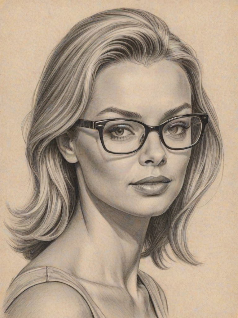 Sublime Jamie Pressly, pencil sketch, portrait of Delightful woman 1951s in glasses, hair style beatnik, outline, clear lines, fine lines, 8k