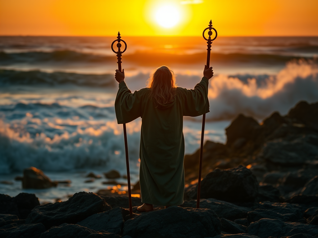 Create an image of a wise figure with a staff standing on rocky terrain, arms raised toward a parting sea with dramatic waves, illuminated by a golden sunset, using a DSLR camera with a 50mm lens, aperture f/1.8, ISO 100,backlit for dramatic contrast, shot in high resolution for enhanced quality.