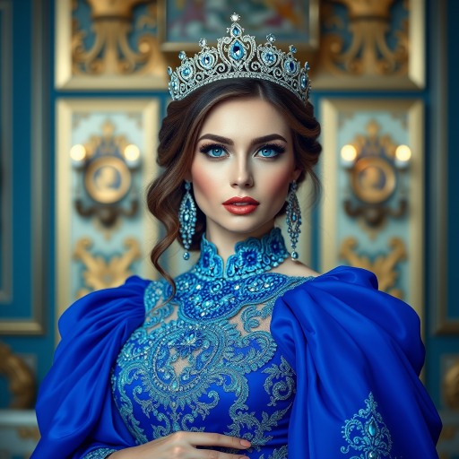 A gorgeous Kazakh woman in a luxurious blue gown, accessorized with a dazzling tiara and statement earrings, her deep blue eyes highlighted by impeccable makeup, poised in a royal setting, photorealistic, 8K quality