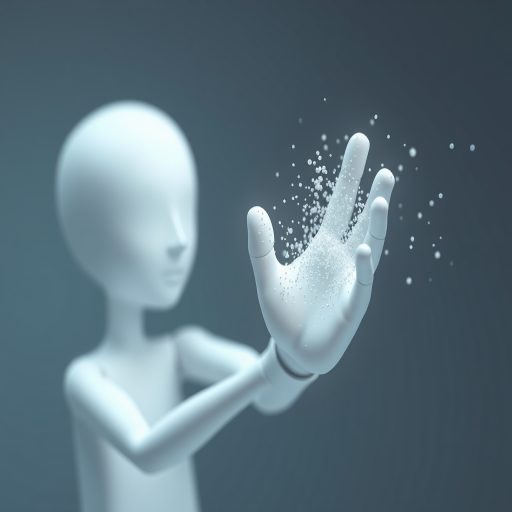 Create a 3D render of a white humanoid figure with a pixelated hand emitting particles, viewed from a slightly elevated angle, using a DSLR camera at f/2.8, 1/125 sec, ISO 100, with soft lighting and a shallow depth of field for enhanced detail.
