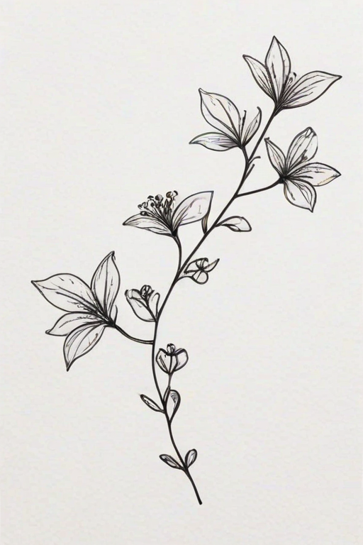 a minimalistic black line drawing of a delicate vine with leaves and small flowers on a white background