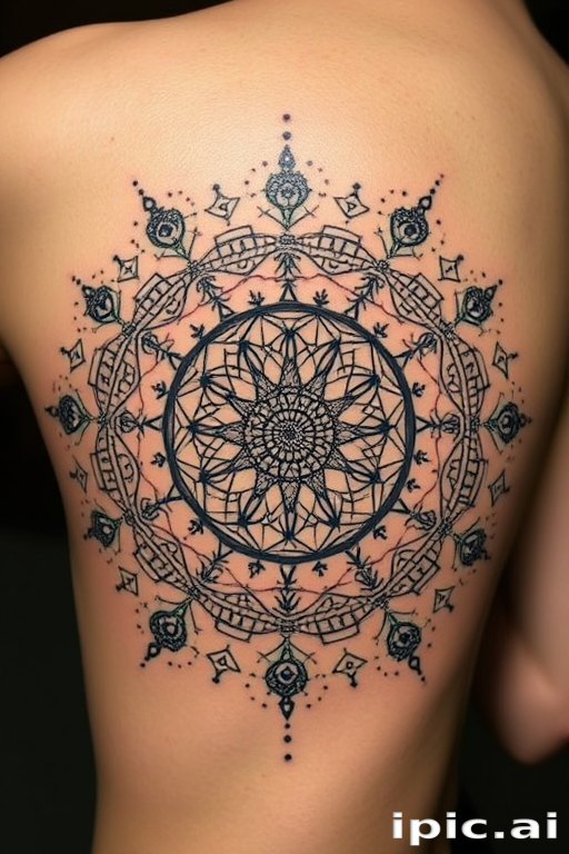 Mesmerizing dot work mandala tattoo titled "Cosmic Constellation" featuring an intricate circular design composed entirely of thousands of tiny dots in varying sizes and densities. The tattoo incorporates sacred geometry patterns, spirals, and symmetrical arrangements that radiate from a central point, creating a hypn
