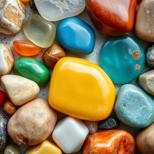 high-resolution close-up of colorful polished stones on a flat surface, DSLR camera, 50mm lens, f/2.8 aperture, ISO 100, natural lighting, top-down view to enhance texture and detail