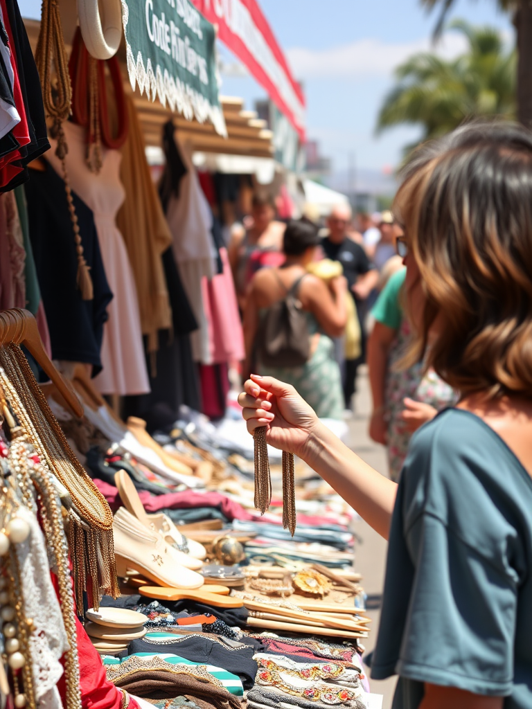 Bustling flea market on a sunny day, a woman browsing through vintage clothes and jewelry, excitedly holding up a unique find to show a friend.