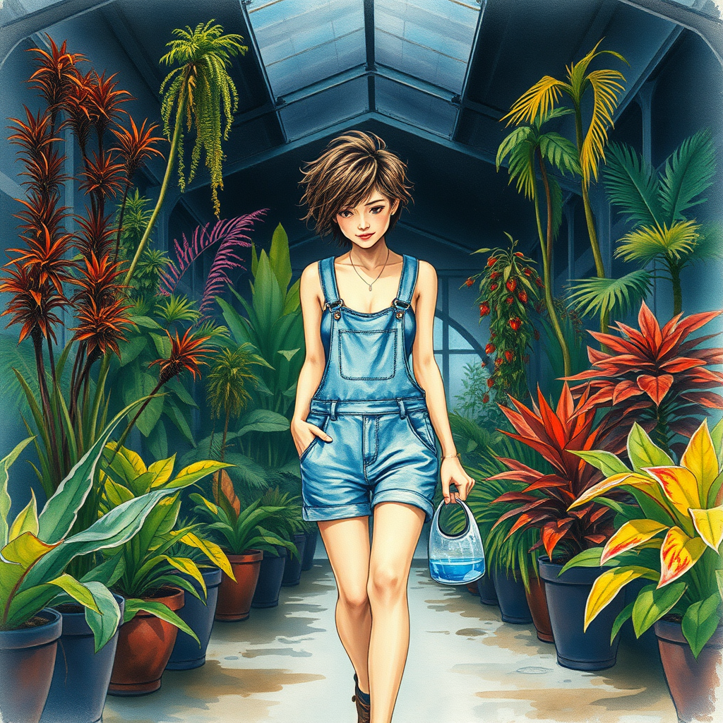 realistic water color painting. a young woman with gathered messy hair and dressed in a short denim overalls walks inside a dark greenhouse with tall and colorful plants and trees. He dries his sweat with his arm and holds a big watering hole in his hand