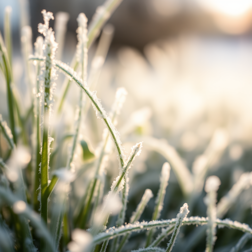 Frosty grass close-up with a soft focus, shot with a DSLR camera at f/2.8 aperture, 1/250 sec shutter speed, ISO 100, 50mm lens, natural backlighting for enhanced texture and detail.