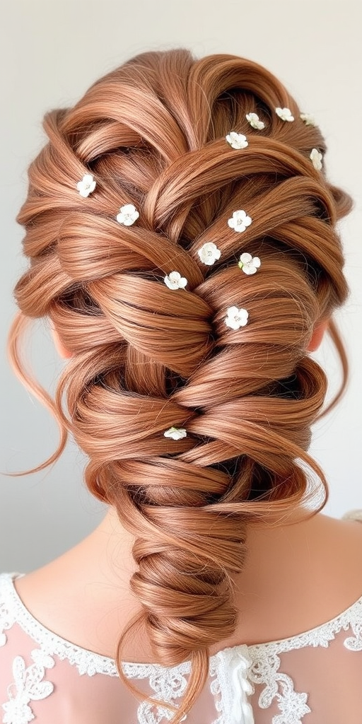 Romantic rose gold updo with intricate braids, called "Blushing Crown," incorporates delicate twists and turns adorned with tiny floral accessories