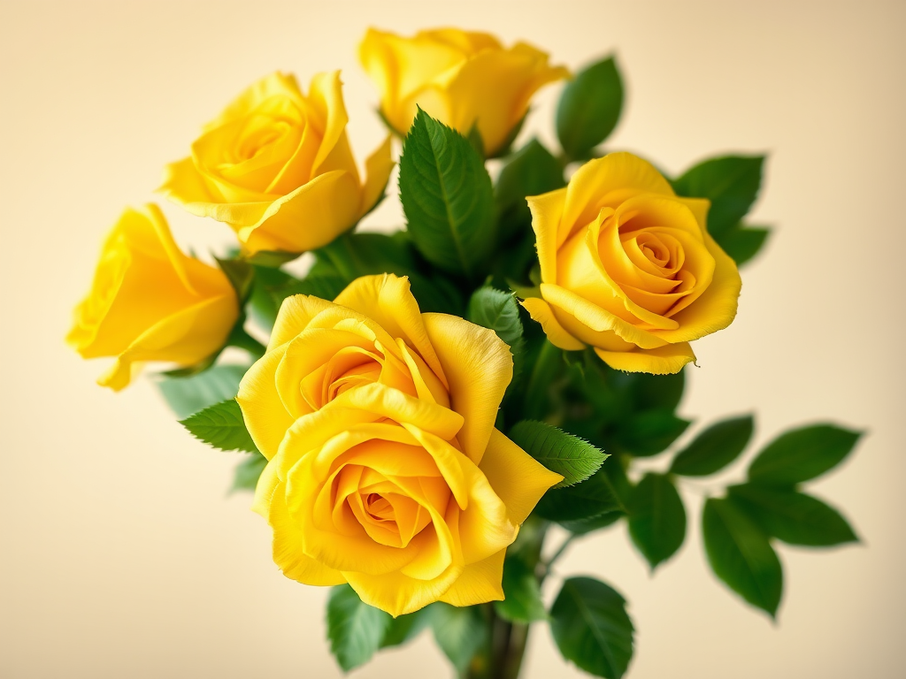 A vibrant bouquet of fresh yellow roses with lush green leaves against a soft gradient background, captured with a DSLR camera, 50mm lens, aperture f/2.8, ISO 100, natural lighting, and macro view for enhanced detail and color saturation.