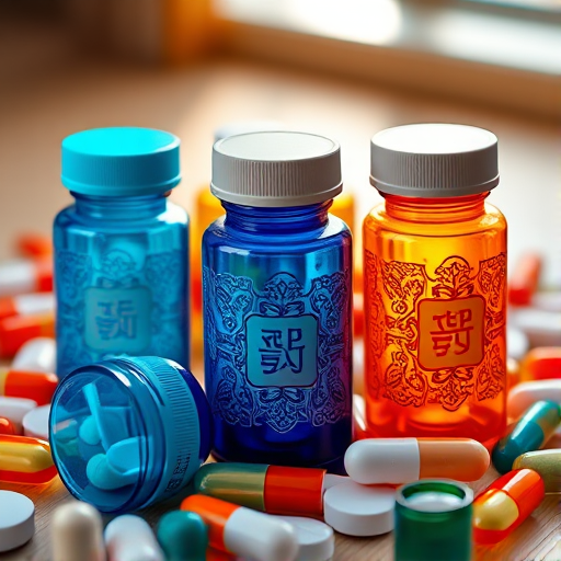 Create a high-resolution digital illustration of colorful pill bottles in a well-lit setting, featuring vibrant blue and orange containers with intricate designs, surrounded by assorted pills, using a Canon EOS 5D Mark IV, 50mm lens, aperture f/2.8, ISO 100, and a flat lay composition to capture the details and colors vividly.