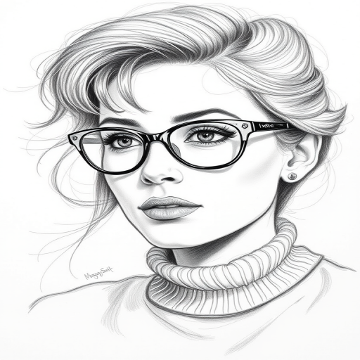 Beautiful Maggie Smith, pencil sketch, portrait of beautiful woman 60s in glasses, hair style beatnik, outline, clear lines, fine lines, 8k