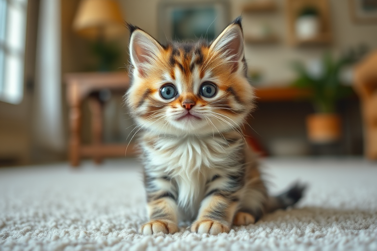A fluffy kitten with big round eyes and a tilted head sitting on a soft carpet with a playful expression and a background of a home interior
