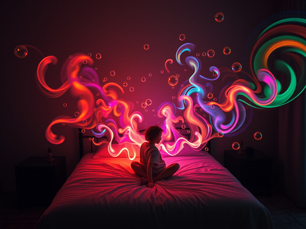 Generate an ethereal scene of a person sitting on a bed with vibrant colorful swirls and bubbles emanating from them, captured with a DSLR camera at f/1.8 aperture, ISO 100, 50mm lens, in a low light setting to enhance contrast and saturation, shot from a slightly elevated angle for a dramatic effect.