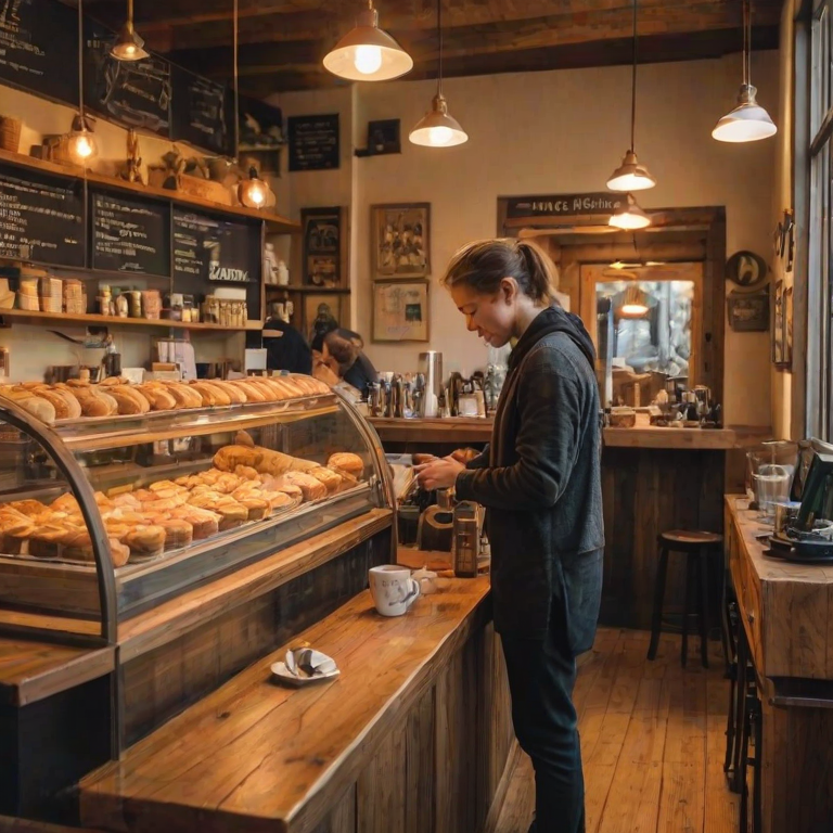 Quaint cafescene, with a barista skillfully pouring latte art, customers chatting at rustic wooden tables, and pastries displayed in a glass case, all bathed in warm, golden light.
