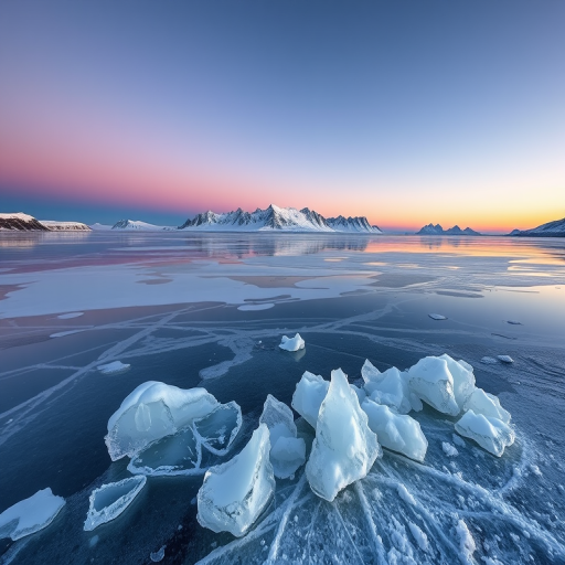 capture a serene frozen lake at twilight with icy formations in the foreground and mountains in the background, use a Canon EOS R with a 24mm lens, aperture f/8, ISO 100, shutter speed 1/60s, shot in landscape orientation to enhance details and color depth