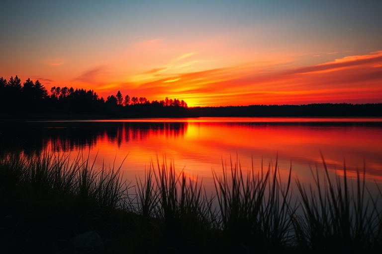 Create a high-resolution image of a serene sunset over a calm lake with vibrant colors reflecting on the water, using a DSLR camera with a 50mm lens, aperture set to f/2.8, ISO 100, and a shutter speed of 1/125s, captured from a low angle to emphasize the foreground.