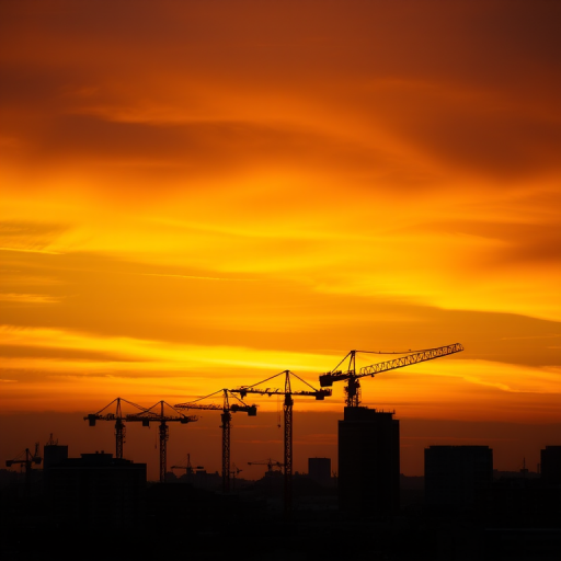 Sunset cityscape with construction cranes silhouetted against a vibrant gradient sky, high dynamic range, 50mm lens, f/8 aperture, ISO 100, tripod stabilizer, wide-angle view, digital camera.