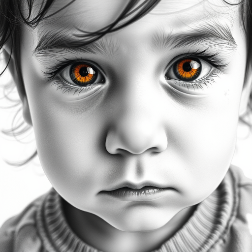 A hyperdetailed photorealistic black and white sketch of a beautiful toddler with deep orange eyes, with a macro focus