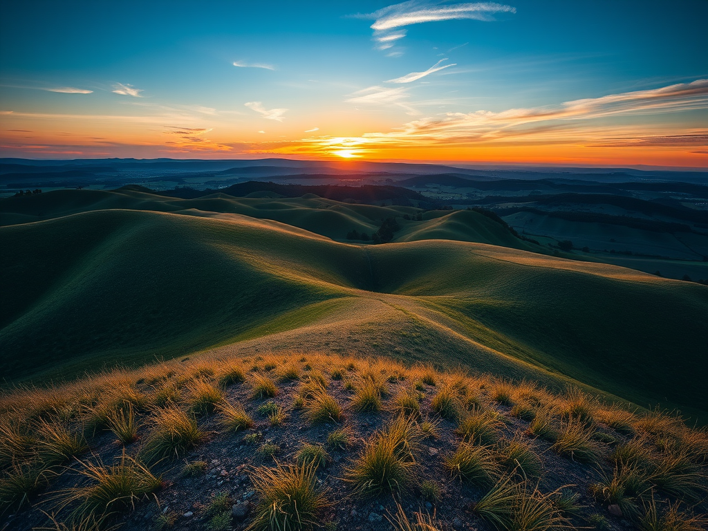 Create a high-resolution image of a serene landscape featuring rolling hills and a sunset sky, captured with a Canon EOS R5 at f/8, ISO 100, 1/200s, using a 24-70mm lens in wide-angle view for enhanced depth and clarity.